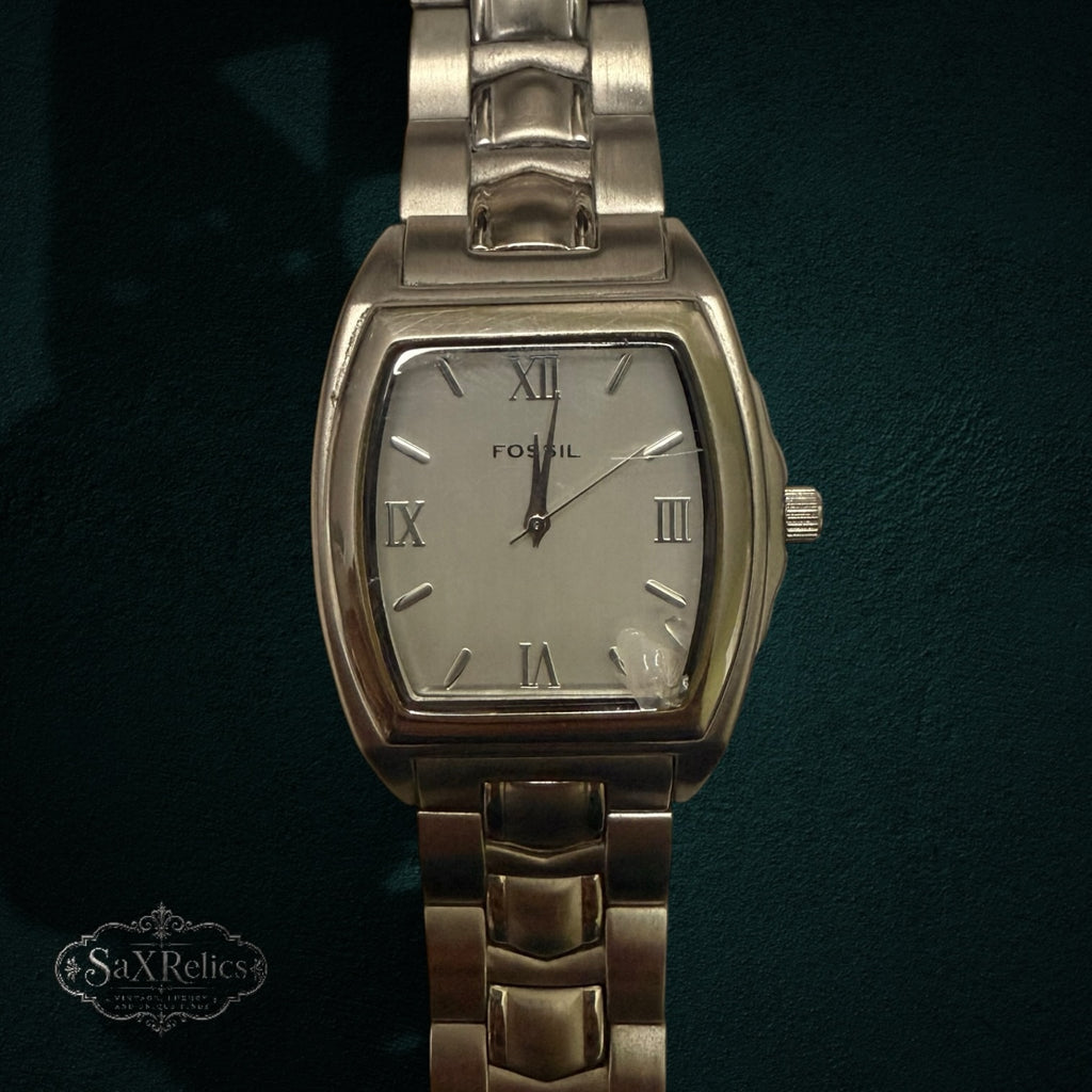 My Store Fossil silver-tone stainless steel tonneau watch with a link bracelet and Roman numeral dial.