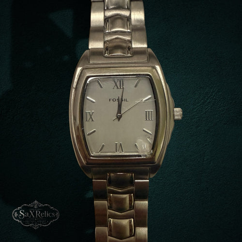My Store Fossil silver-tone stainless steel tonneau watch with a link bracelet and Roman numeral dial.