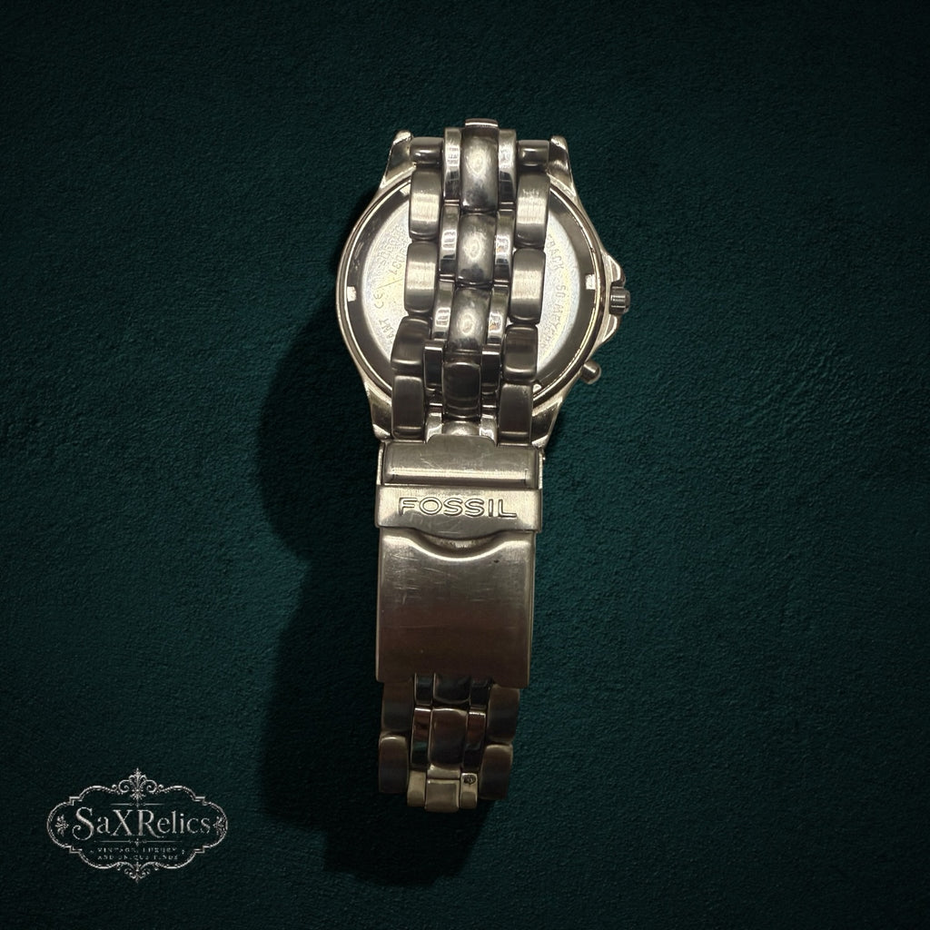 My Store FOSSIL Blue stainless steel chronograph watch showing the back of the case and metal bracelet link detail.