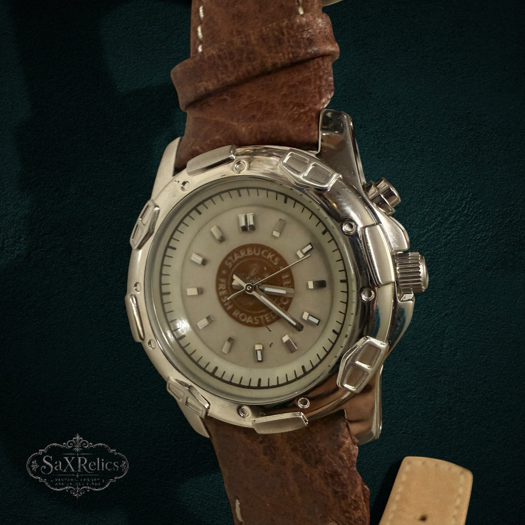 My Store Fossil x Starbucks limited edition wristwatch with a cream dial, stainless steel case, and brown leather strap