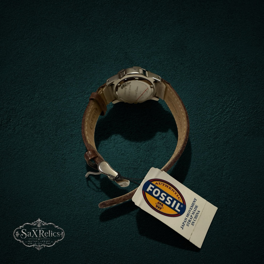 My Store Fossil Starbucks limited edition wristwatch with brown leather strap and stainless steel case back view