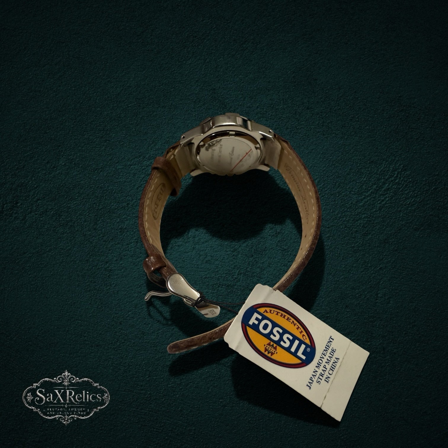 My Store Fossil Starbucks limited edition wristwatch with brown leather strap and stainless steel case back view