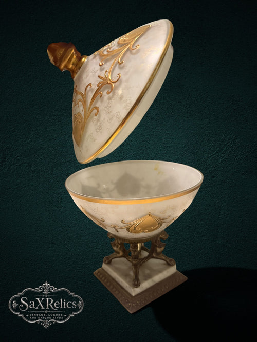 Vintage opaline glass pedestal dish with lid, gold gilt heart accents, brass claw feet and marble plinth