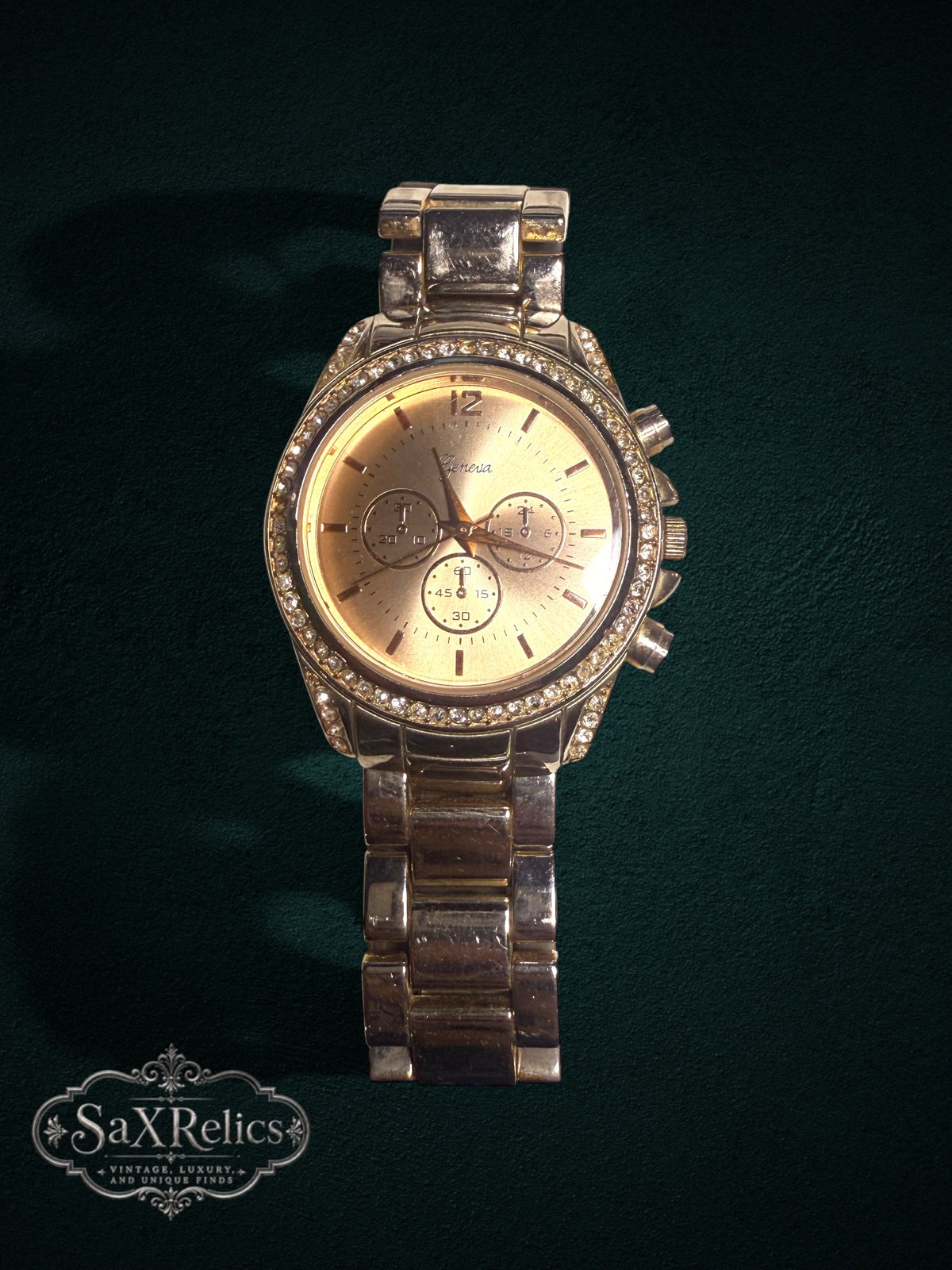 My Store Geneva gold-tone chronograph wristwatch with crystal-encrusted bezel and sunray dial on a metal link bracelet