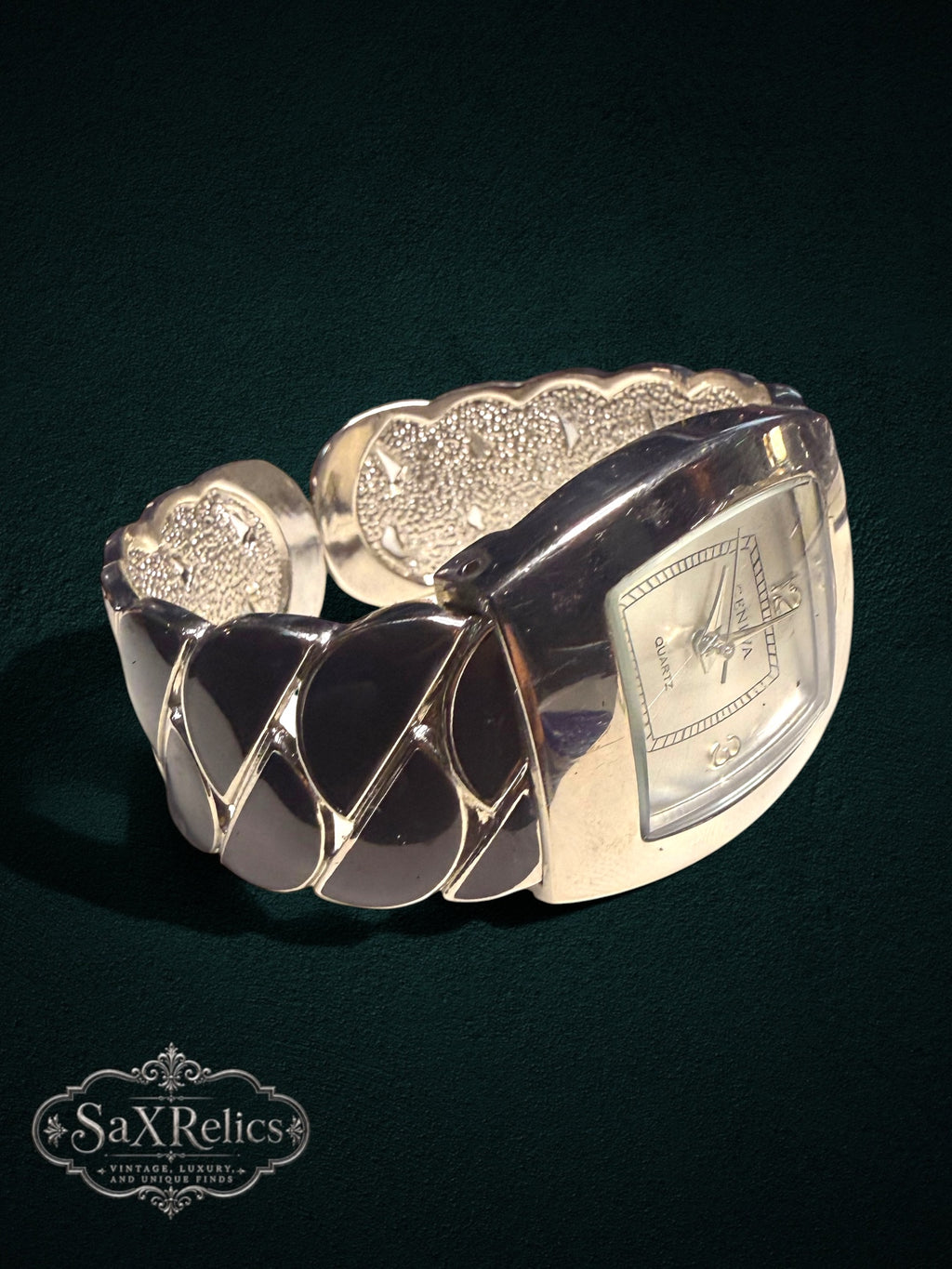 My Store GENEVA quartz wristwatch featuring a silver-tone sculptural cuff bracelet with textured detailing.
