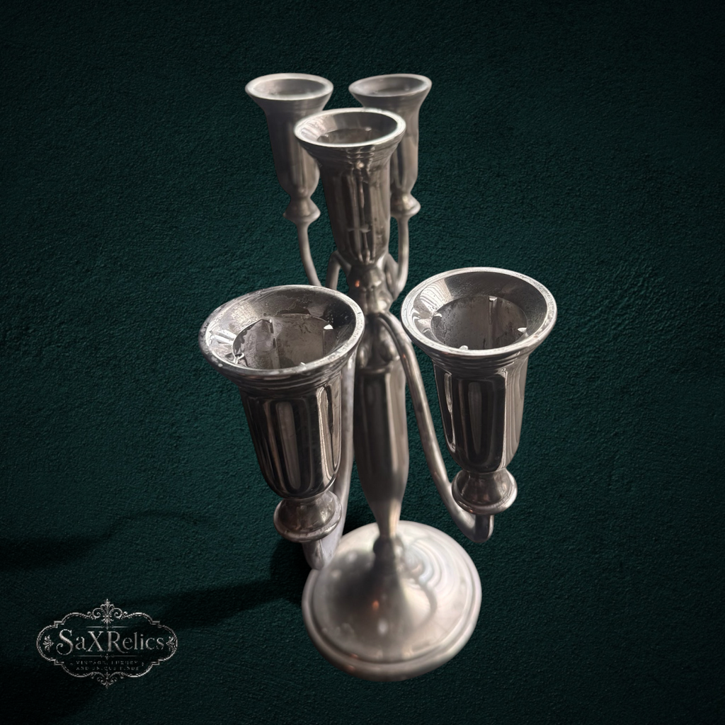 My Store Godinger silver-plated five-arm candelabra featuring a polished finish and traditional tabletop design.
