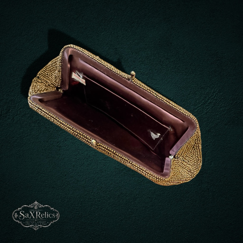 My Store vintage-inspired gold beaded evening clutch with a dark brown fabric interior and metal snap-top closure.