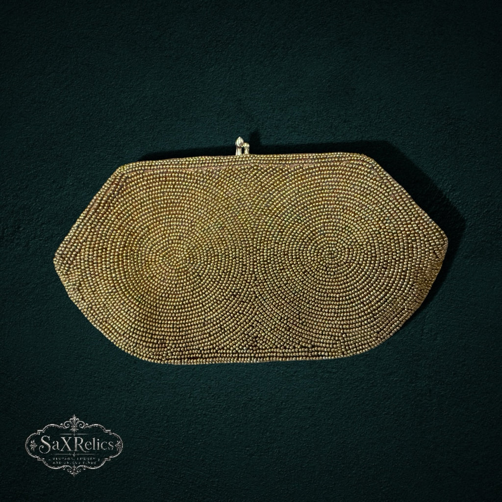 My Store vintage-inspired gold beaded evening clutch with an elongated hexagonal silhouette and snap-top closure.