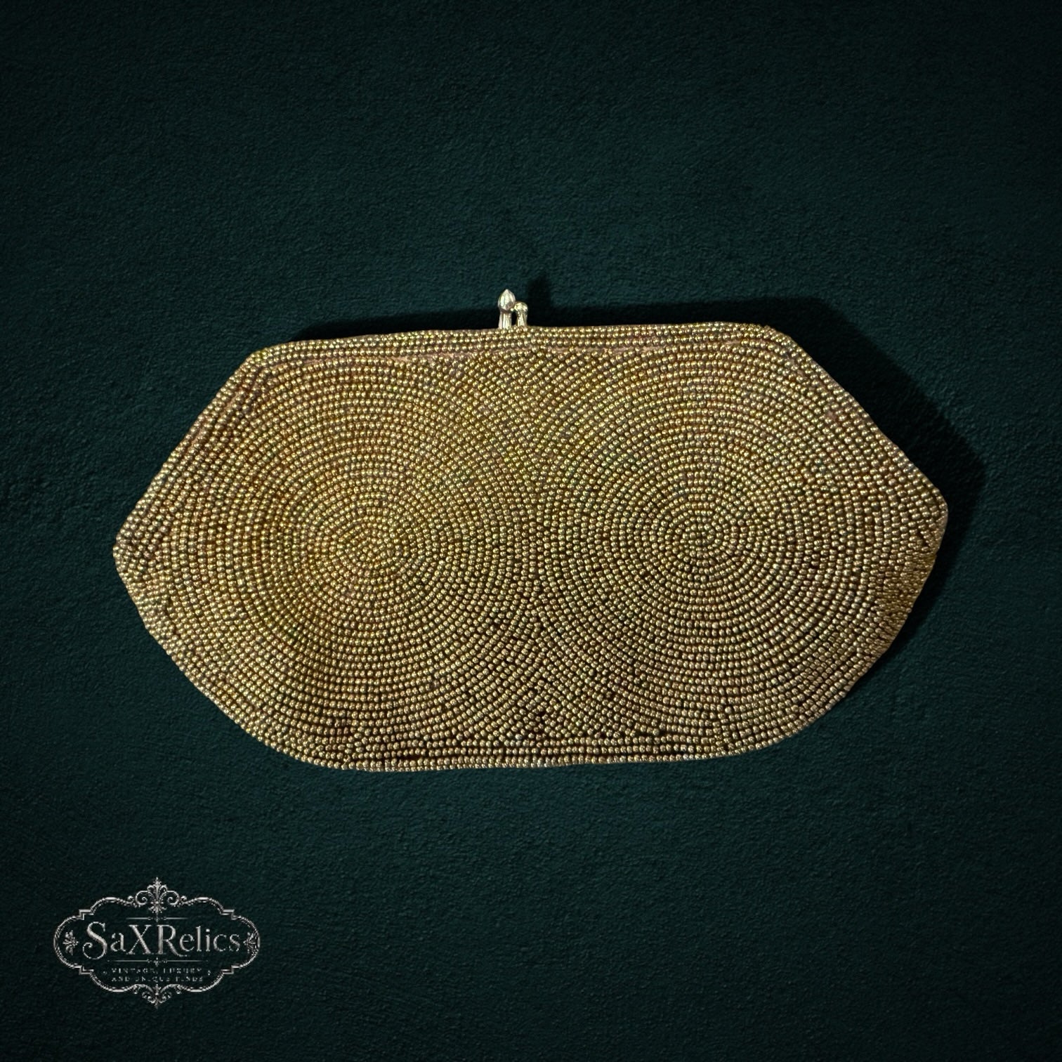 My Store vintage-inspired gold beaded evening clutch with an elongated hexagonal silhouette and snap-top closure.