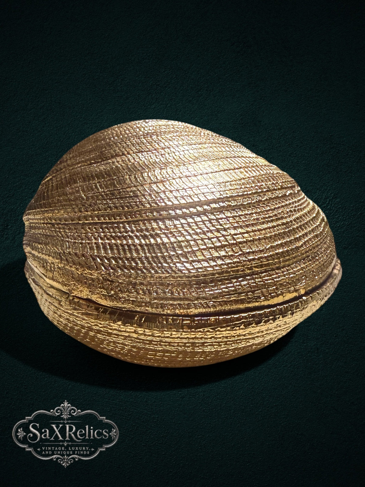 My Store gold-tone clam shell trinket box with textured ridges and a polished metallic finish for coastal home decor.