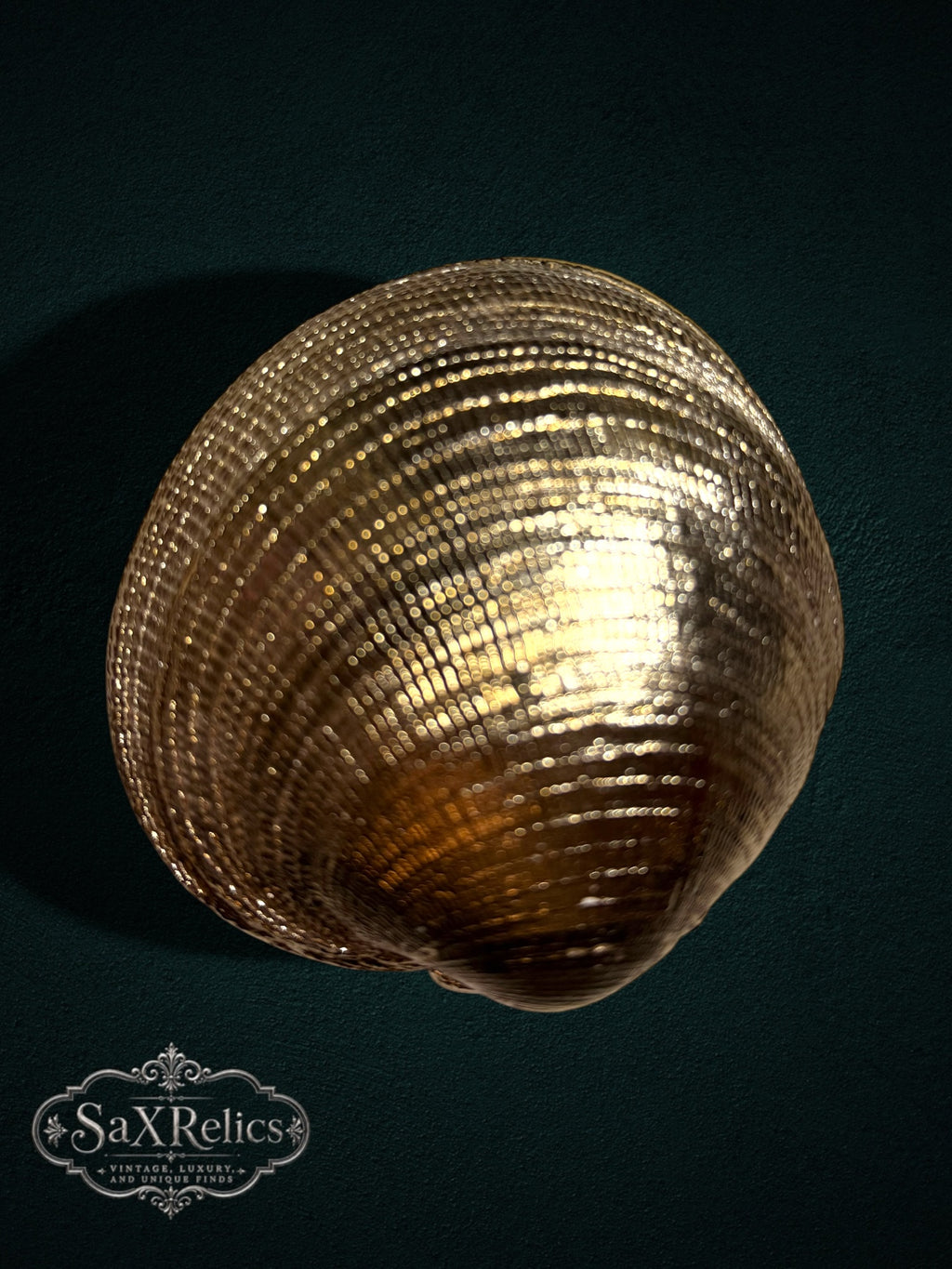 My Store gold-tone clam shell trinket box with a textured, metallic finish on a dark background.