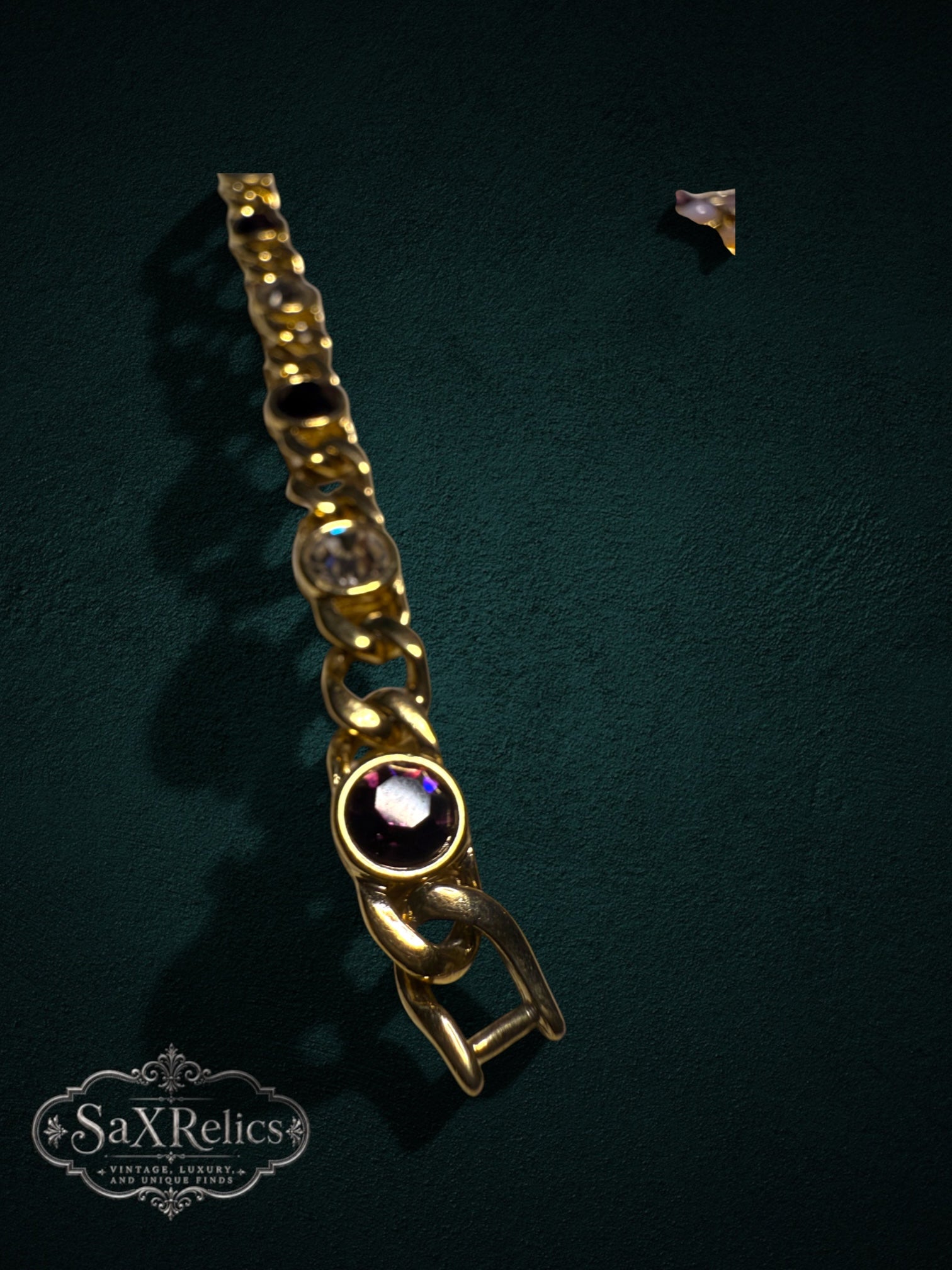 My Store vintage gold-tone curb chain bracelet featuring alternating purple and clear round-cut crystal accents.