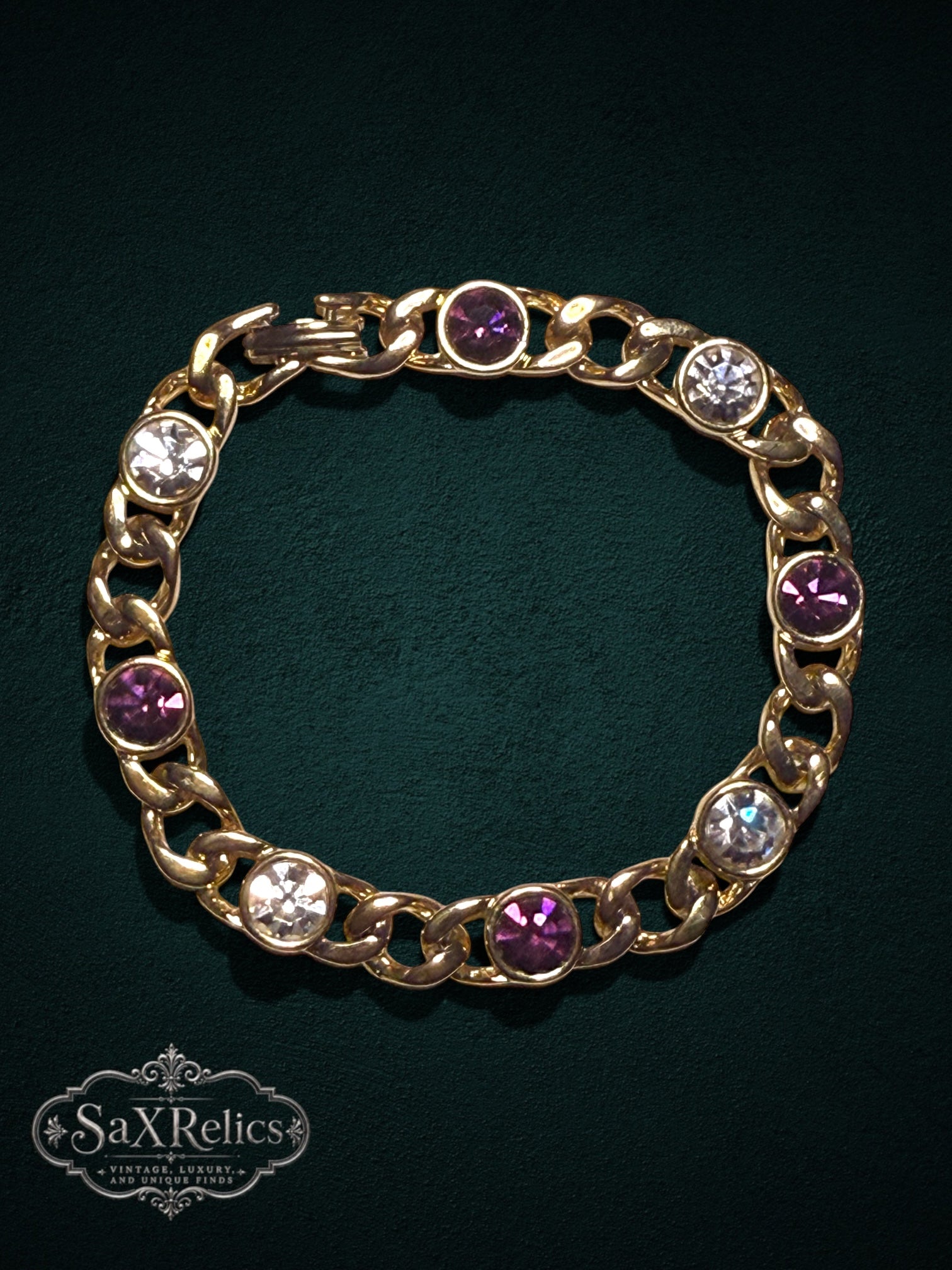 My Store vintage-inspired gold-tone curb chain bracelet with alternating purple and clear round-cut crystals