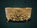 My Store ornate 24K gold-plated oval jewelry box with intricate filigree metalwork and floral rose motifs.