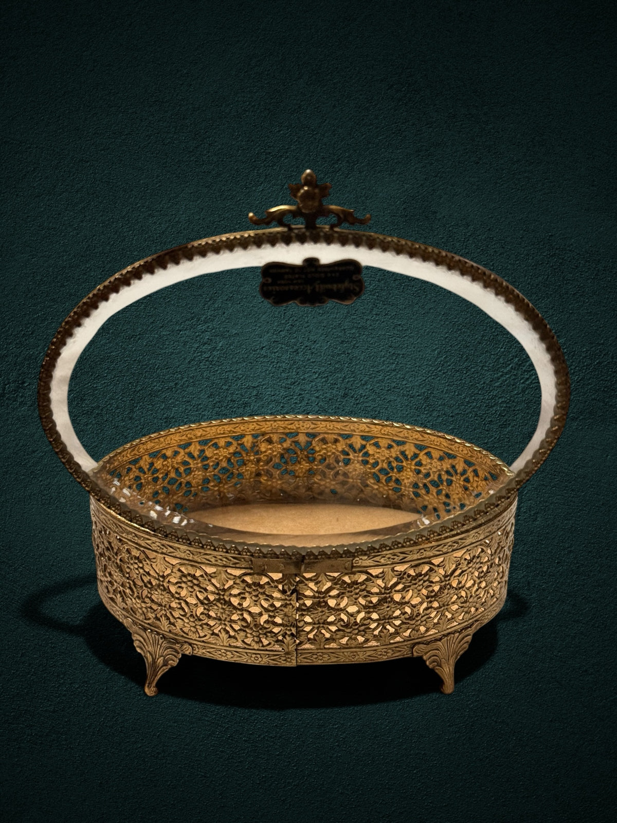 My Store vintage-inspired gold-plated jewelry box with intricate filigree metalwork and floral motifs on cabriole feet.
