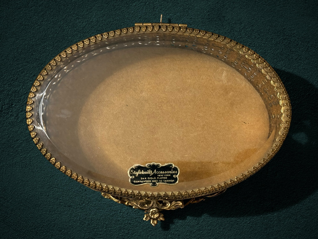 My Store Stylebuilt Accessories oval 24K gold-plated jewelry box with ornate filigree metalwork and glass lid