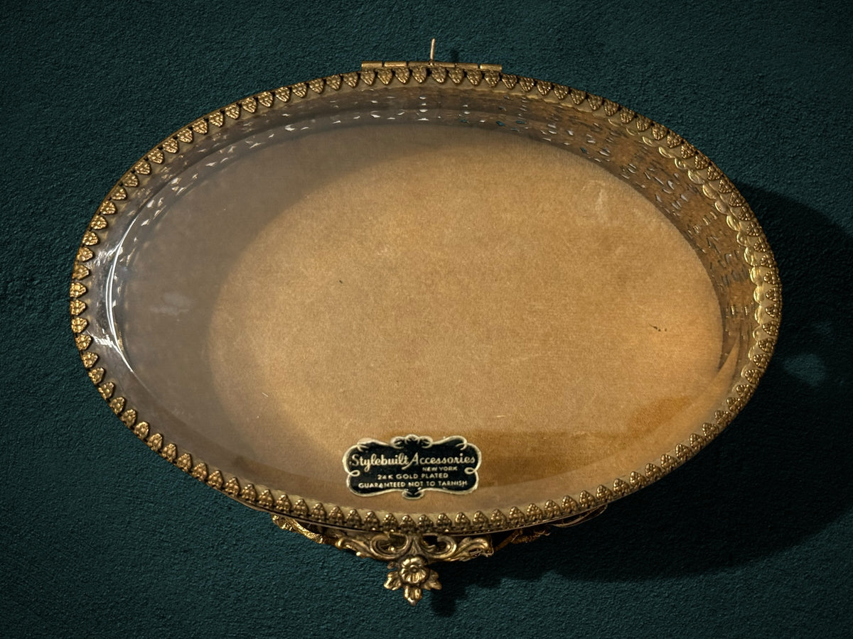My Store Stylebuilt Accessories oval 24K gold-plated jewelry box with ornate filigree metalwork and glass lid