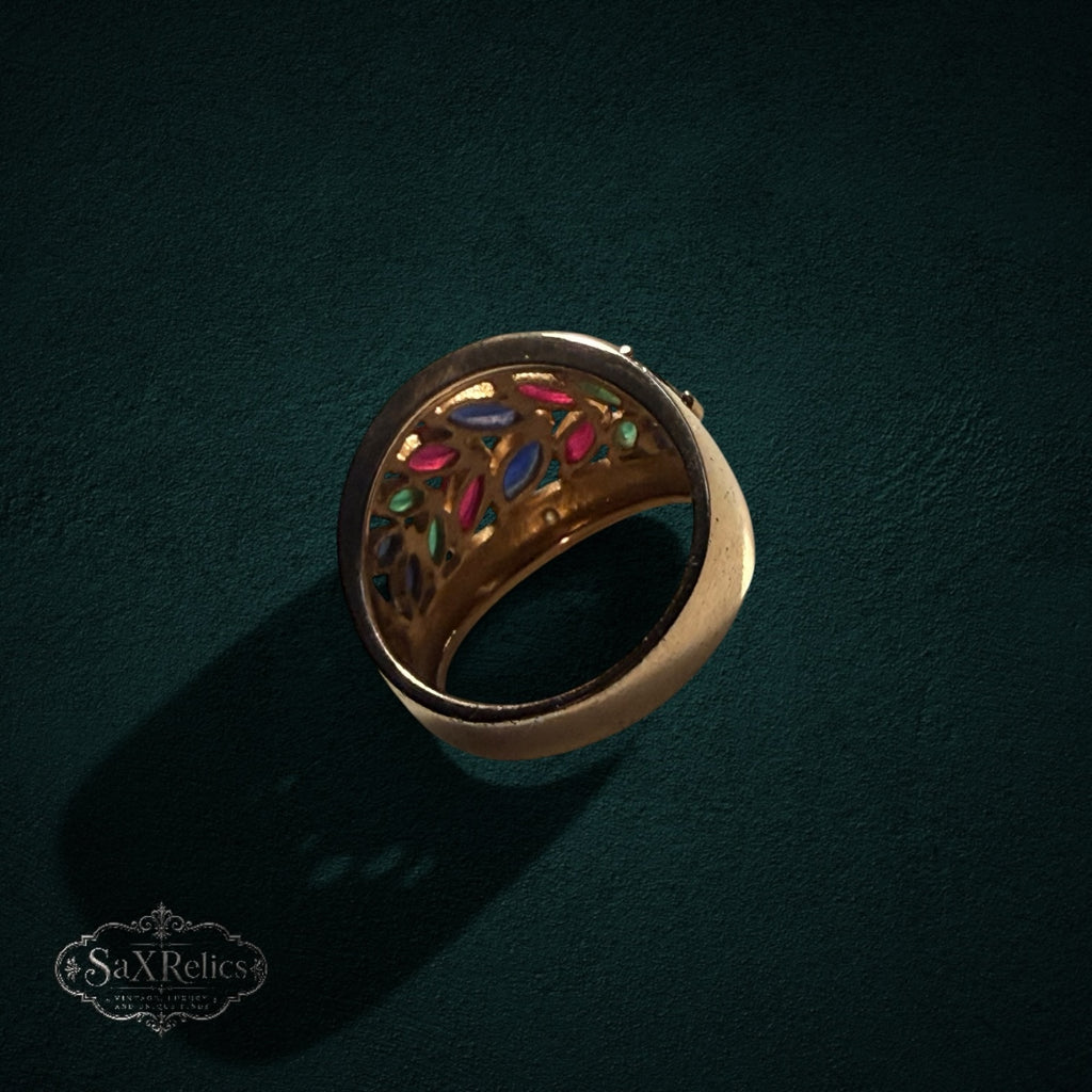 My Store gold-tone statement ring featuring marquise-cut rubies, sapphires, and emeralds in a leaf-inspired pattern.
