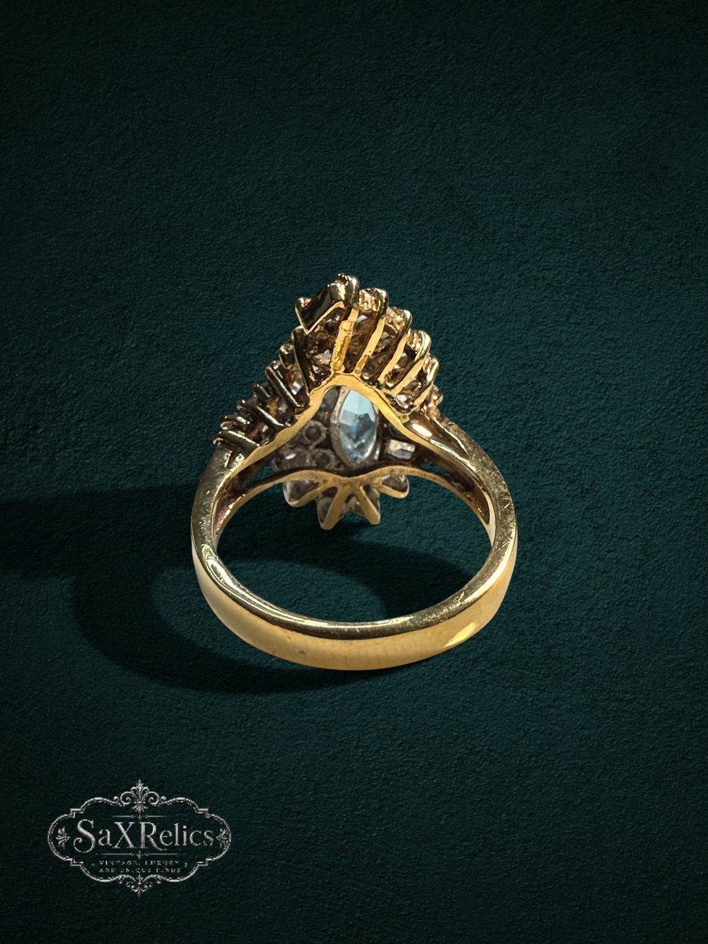 My Store SaxRelics vintage-inspired gold-tone statement ring with a marquise-cut aquamarine stone and clear accents.