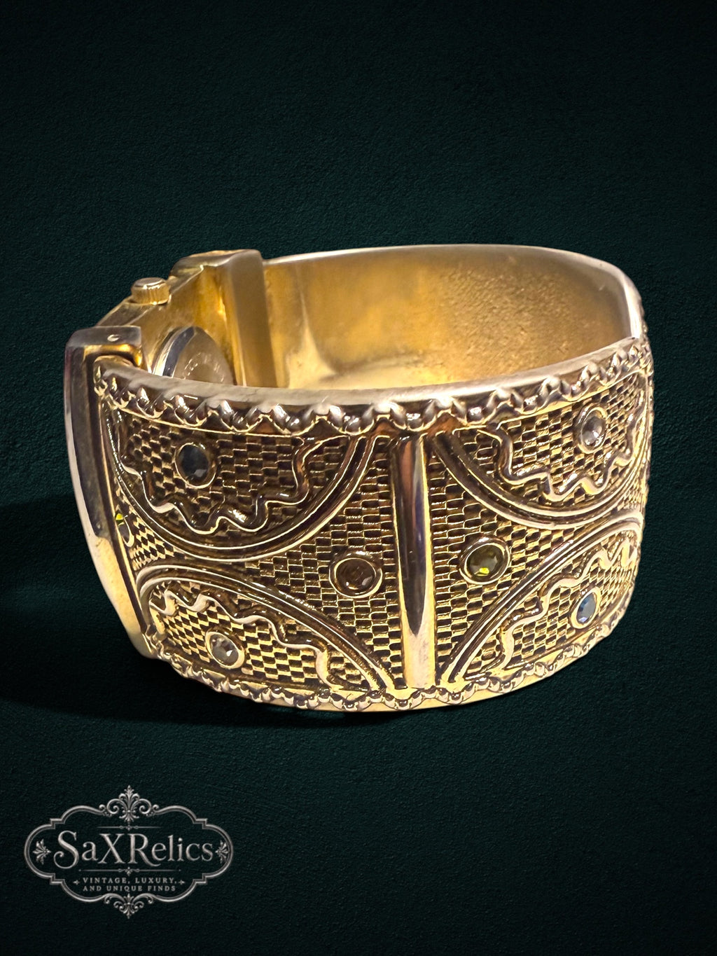 My Store gold-tone ornate wide cuff bracelet watch with intricate textured detailing and a minimalist analog dial.