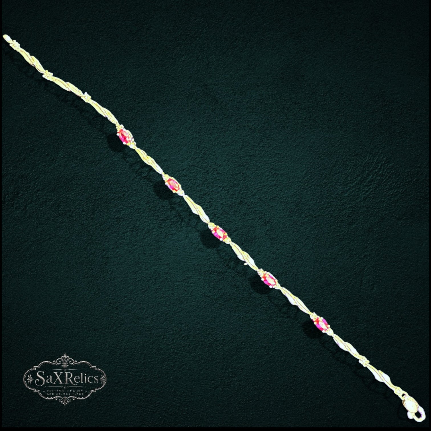 SaX Relics sterling silver link bracelet with marquise-cut rubies and diamond chip accents
