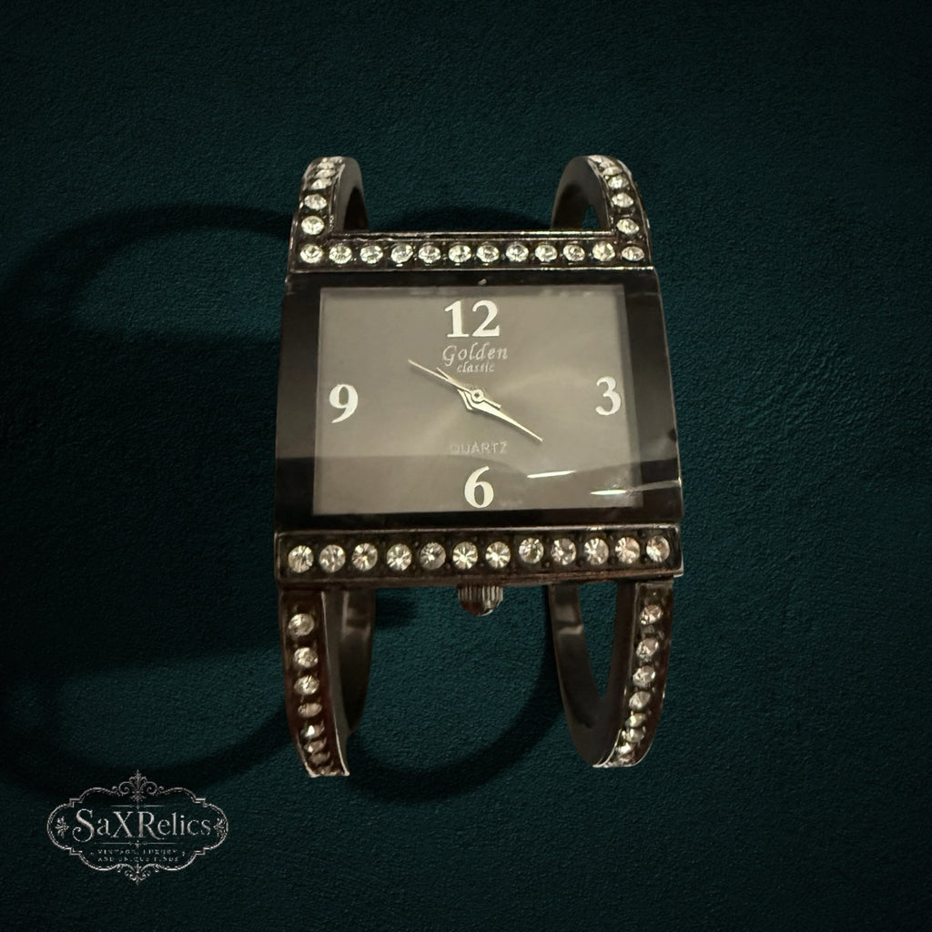 My Store Golden classic quartz cuff bracelet watch with a rectangular face and sparkling crystal accents.