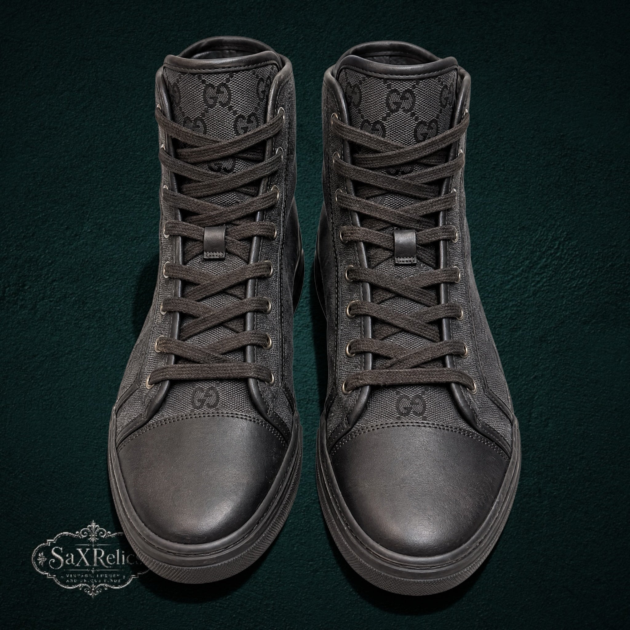 SaX Relics Gucci black GG monogram canvas high-top sneakers with leather toe caps and lace-up closure