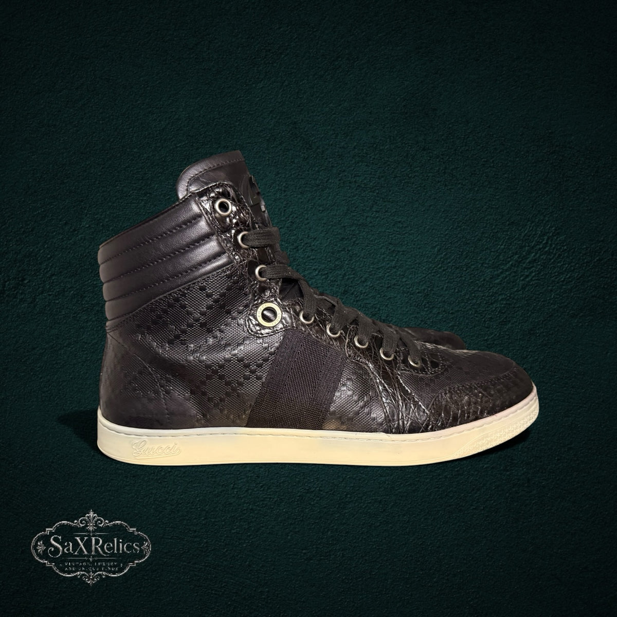 My Store Gucci black leather high-top sneakers with GG monogram pattern, textured overlays, and cream rubber sole.