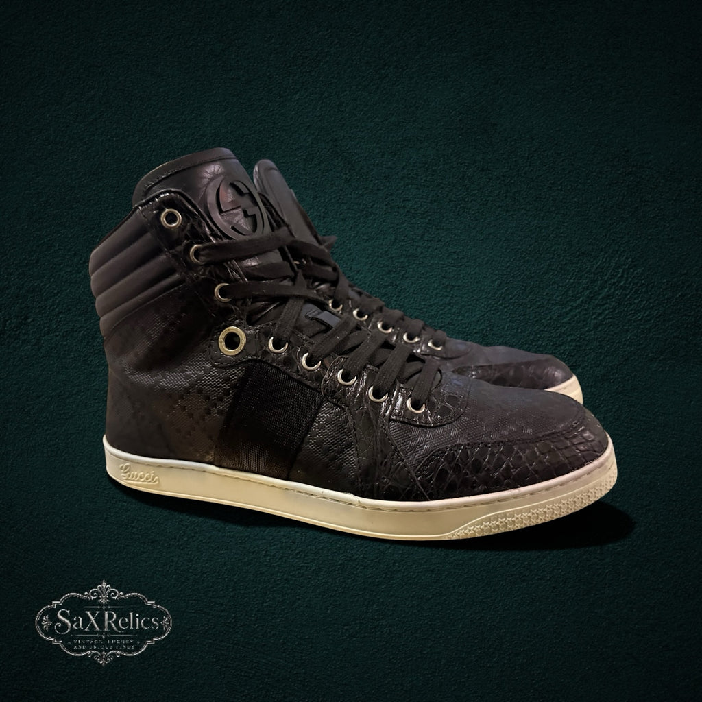 My Store Gucci black leather high-top sneakers featuring a GG monogram pattern, textured overlays, and a rubber sole.