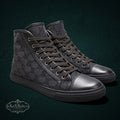 SaX Relics Gucci GG monogram canvas high-top sneakers in black with leather trim at toe and heel, lace-up closure