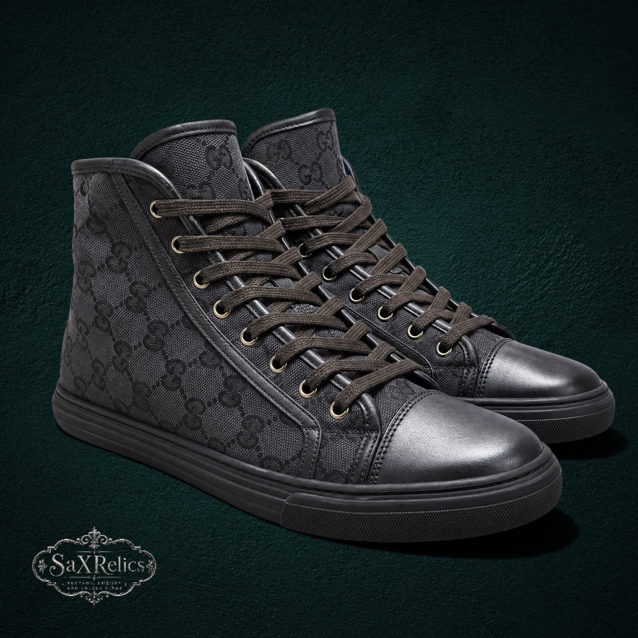 SaX Relics Gucci GG monogram canvas high-top sneakers in black with leather trim at toe and heel, lace-up closure