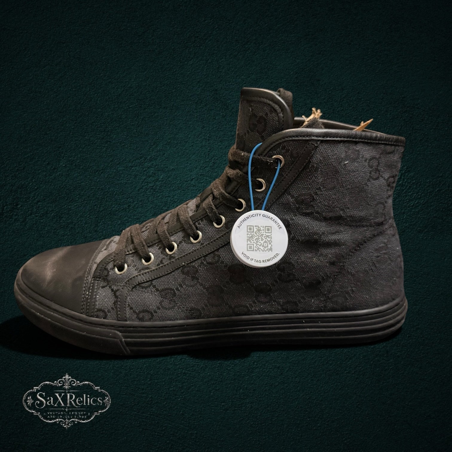 SaX Relics Gucci black GG monogram canvas high-top sneakers with leather trim, side view