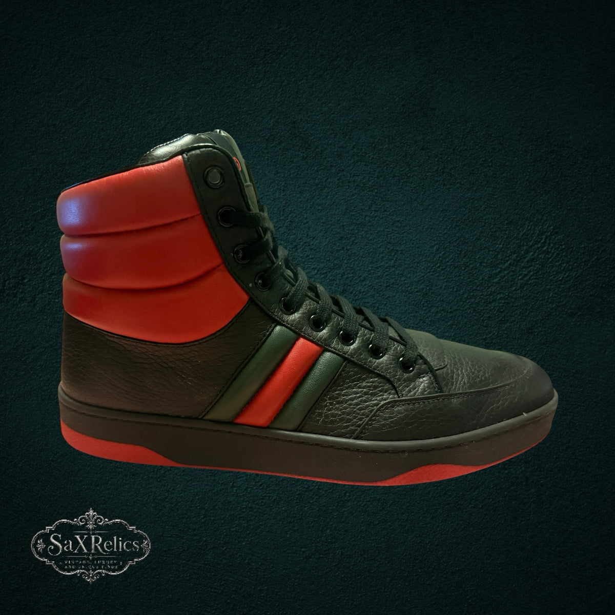 SaX Relics Gucci Contrast Padded black leather high-top sneakers with red collar and red outsole