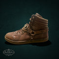 My Store Gucci brown leather high-top sneakers featuring signature horsebit hardware and a padded ankle collar.