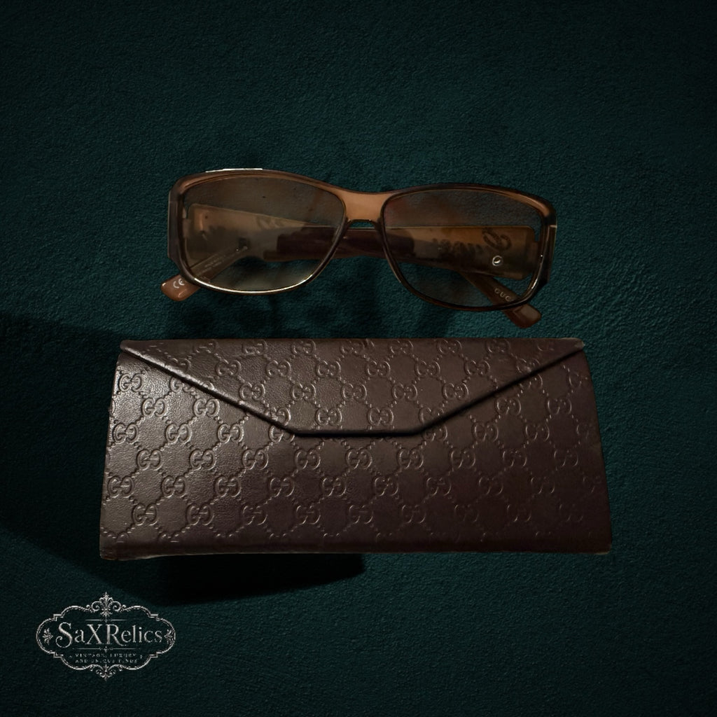 My Store vintage brown Gucci sunglasses with crystal logo temples and matching monogram protective case
