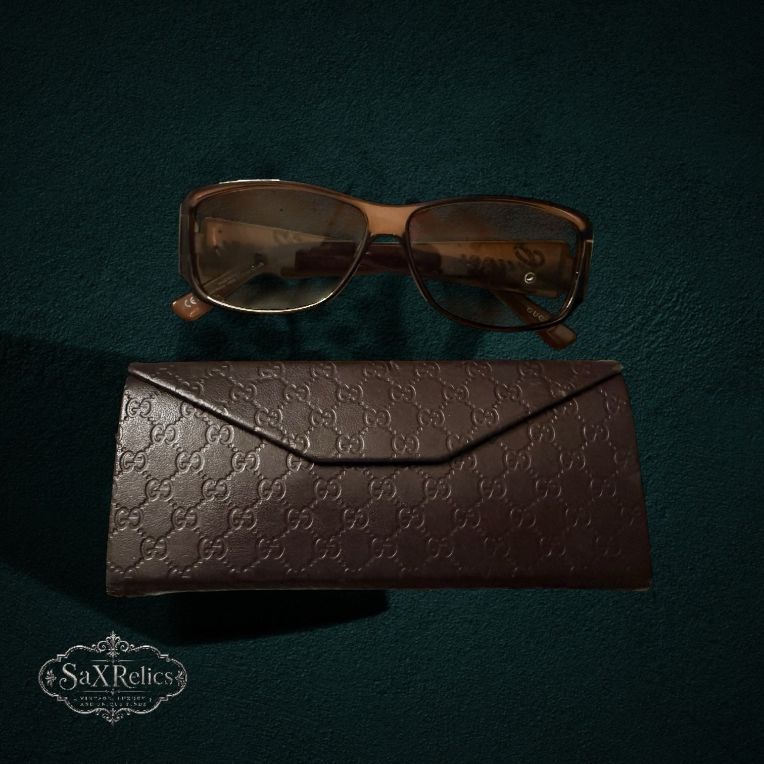 My Store vintage brown Gucci sunglasses with crystal logo temples and matching monogram protective case