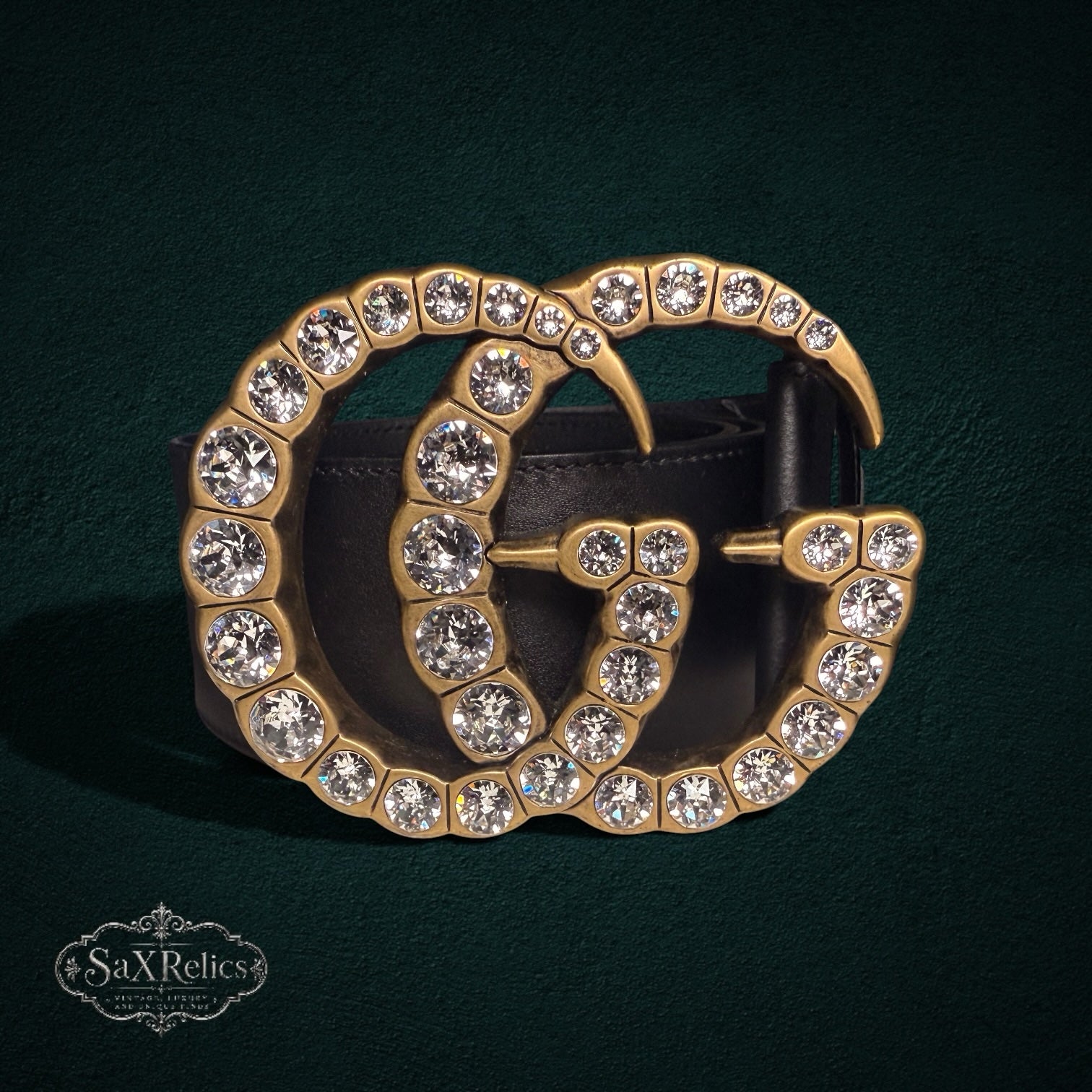My Store Gucci black leather belt featuring an antique gold Double G buckle adorned with sparkling crystals