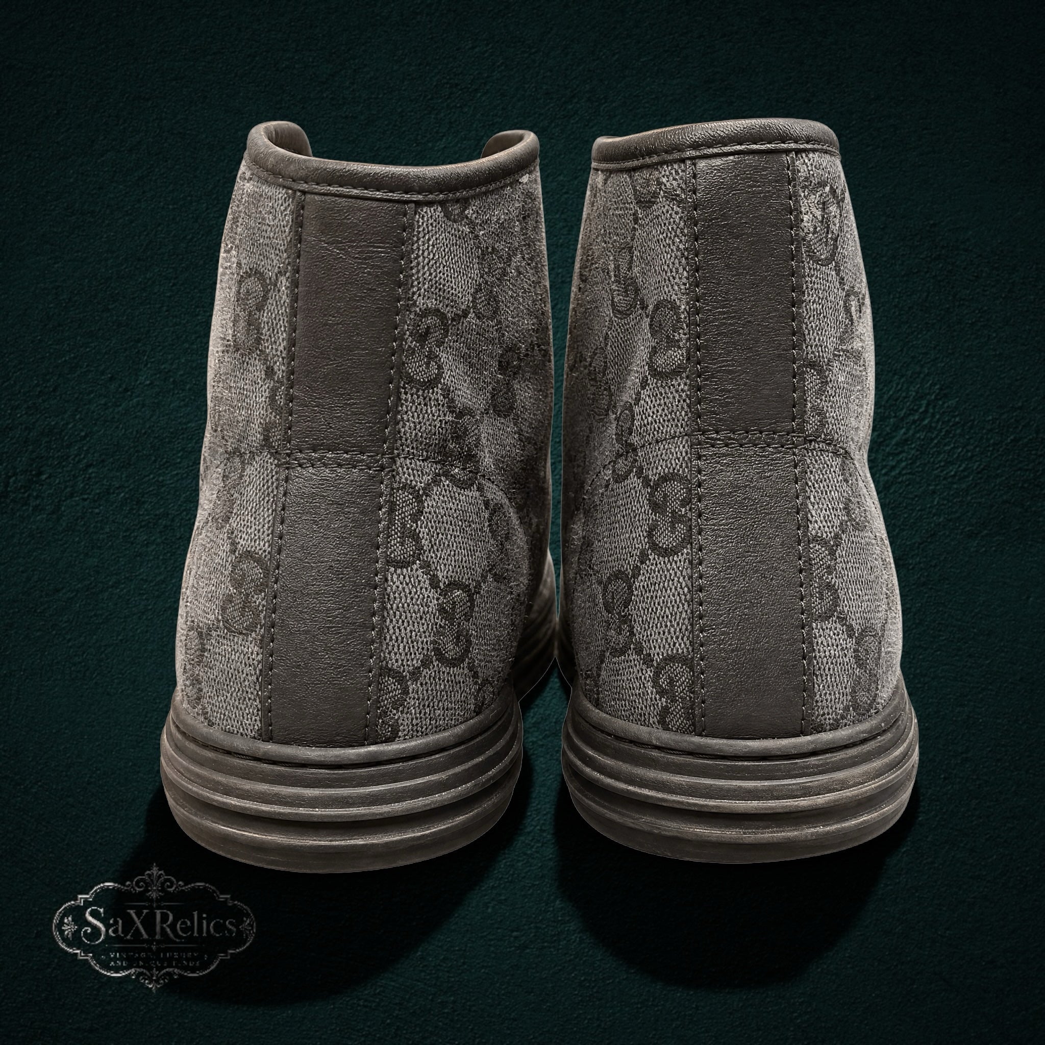 SaX Relics Gucci black GG monogram canvas high-top sneakers, rear view showing heel detail