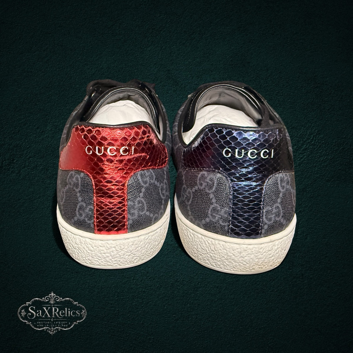SaX Relics Gucci Ace low-top sneakers, deep purple and red metallic heel tabs