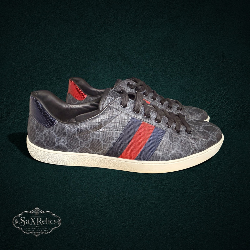 SaX Relics Gucci Ace low-top sneakers, black and red web stripe with metallic heel tabs