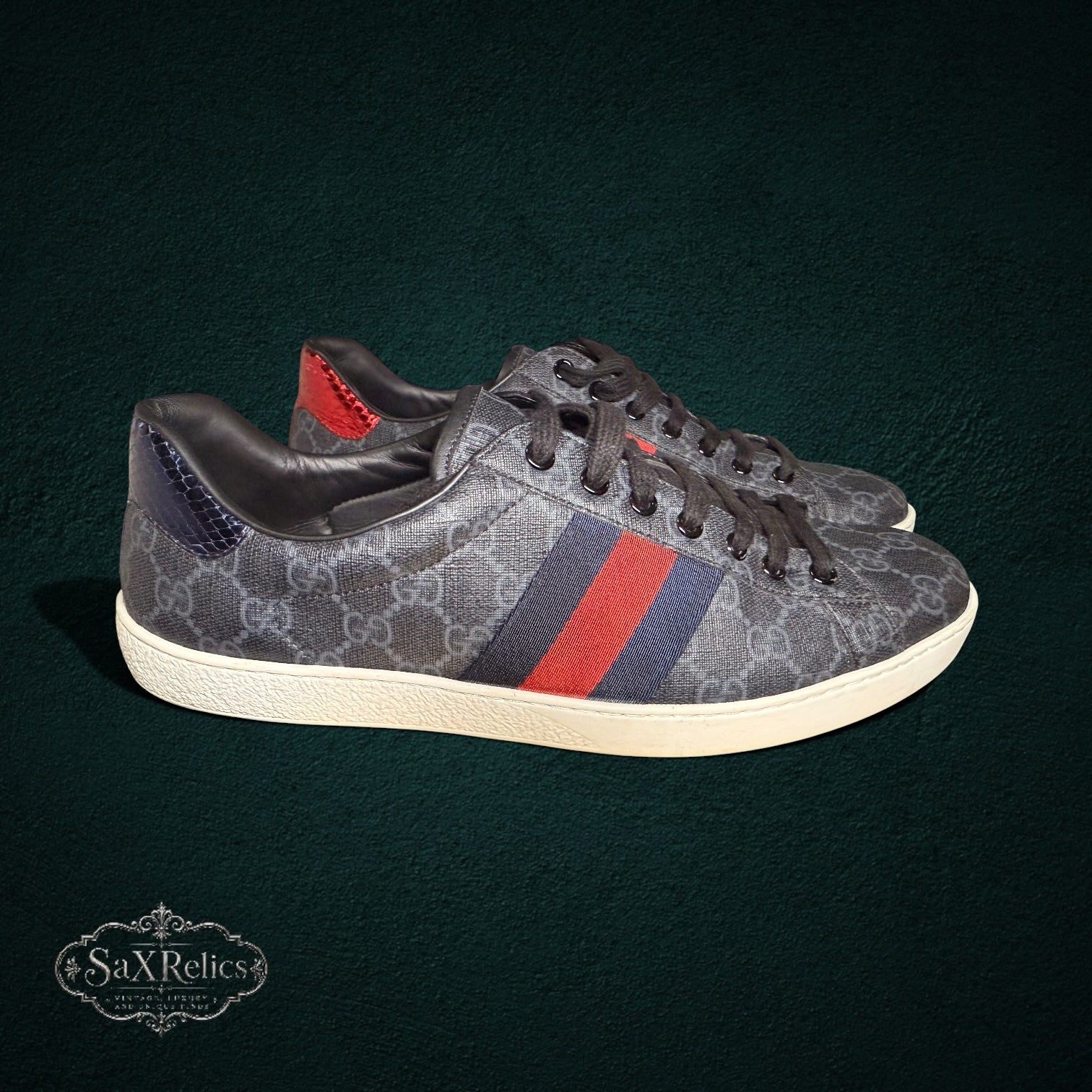 SaX Relics Gucci Ace low-top sneakers, black and red web stripe with metallic heel tabs