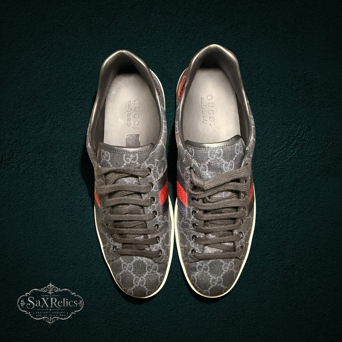 SaX Relics Gucci Ace low-top sneakers in dark grey GG canvas, side detail