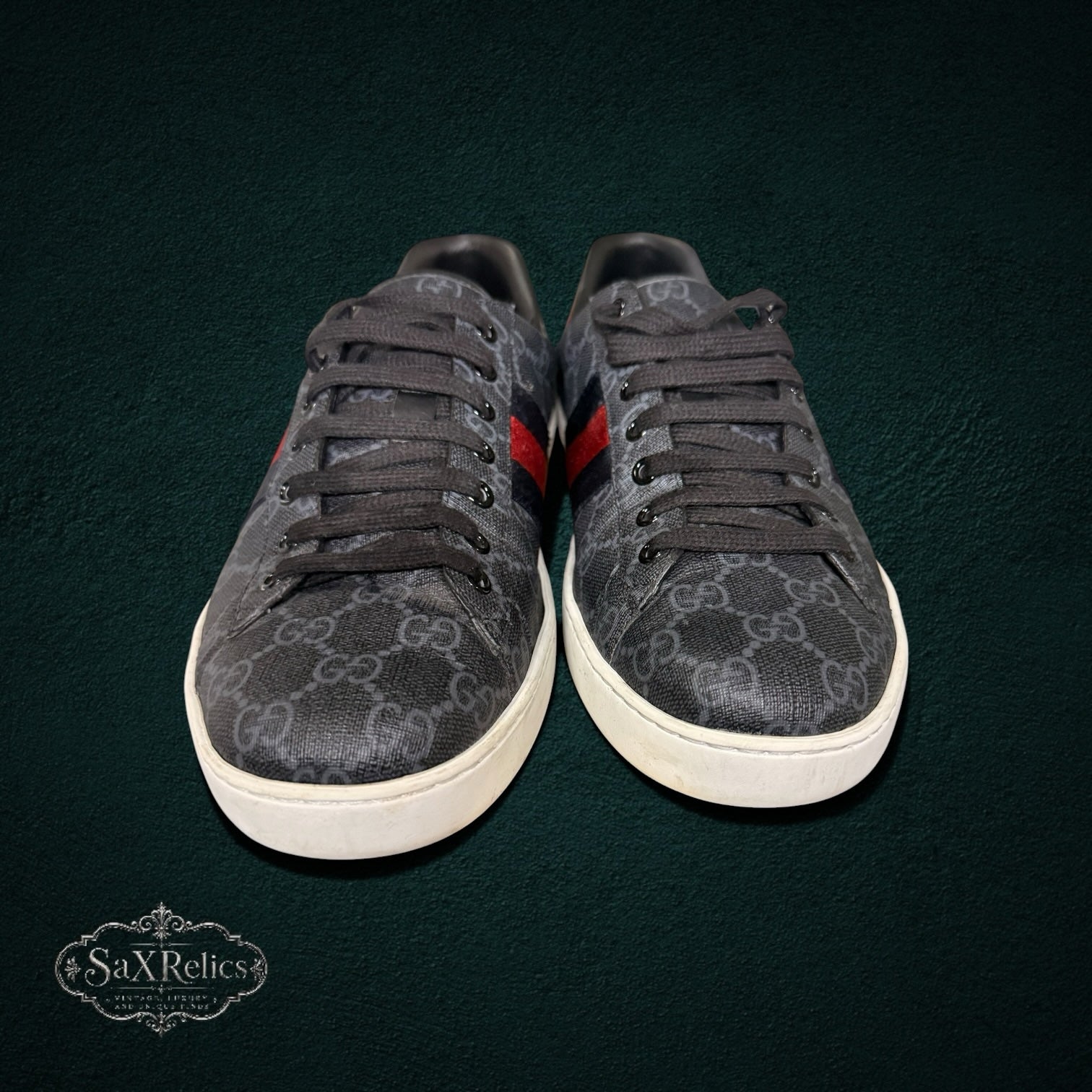 SaX Relics Gucci Ace low-top sneakers, side view of black and red web stripe
