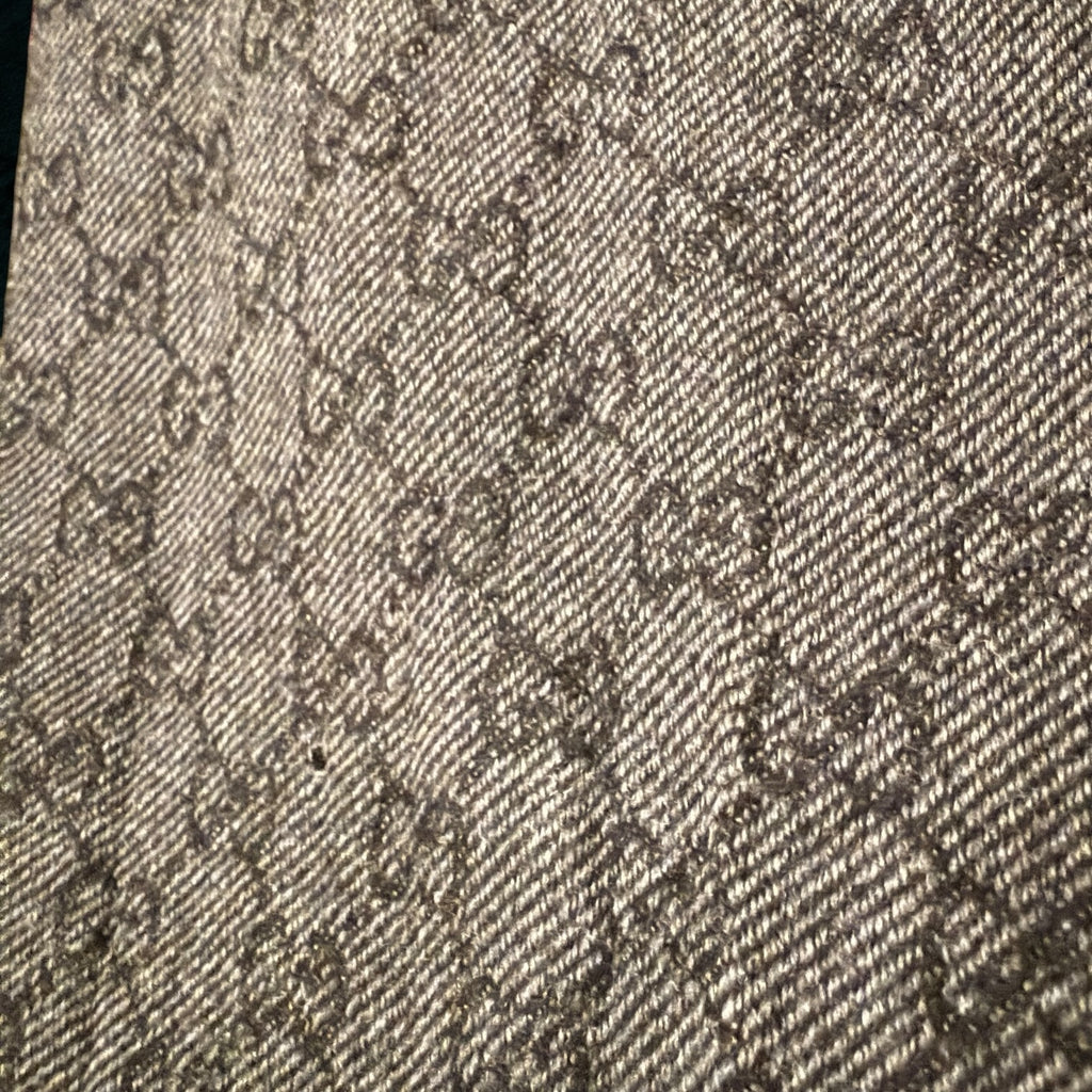 My Store Gucci wool scarf featuring a grey and charcoal interlocking GG monogram pattern with a textured weave.