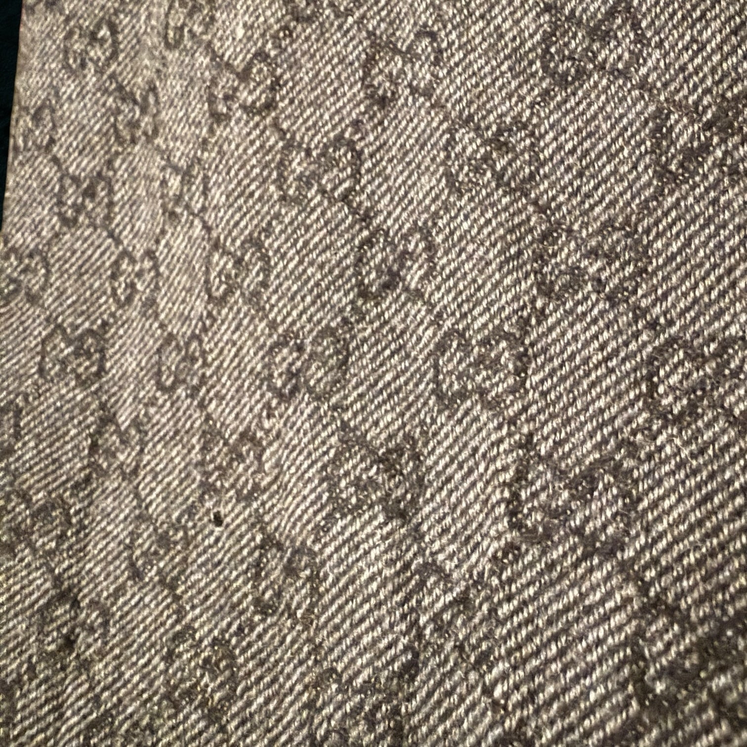 My Store Gucci wool scarf featuring a grey and charcoal interlocking GG monogram pattern with a textured weave.