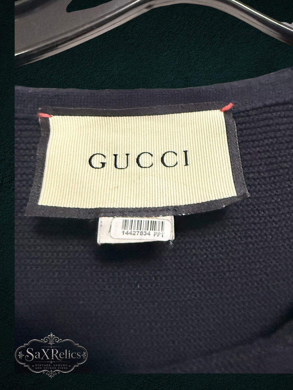 My Store Gucci navy blue crewneck knit sweater featuring a branded interior neck label and authentic serial tag.