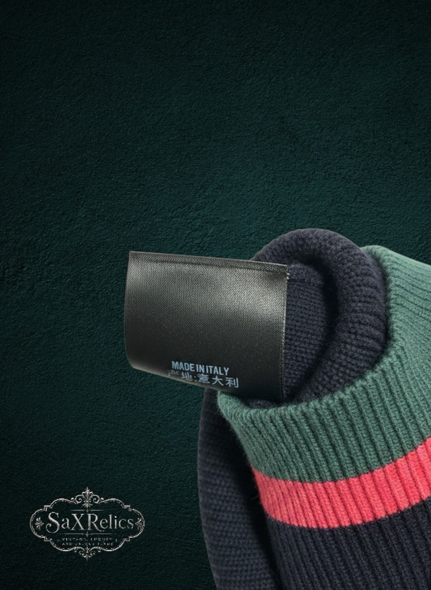 My Store Gucci navy knit sweater featuring Made in Italy label and signature red and green web stripe hem detail.