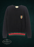 My Store Gucci navy crewneck knit sweater with tiger crest patch and signature red and green web stripe hem.