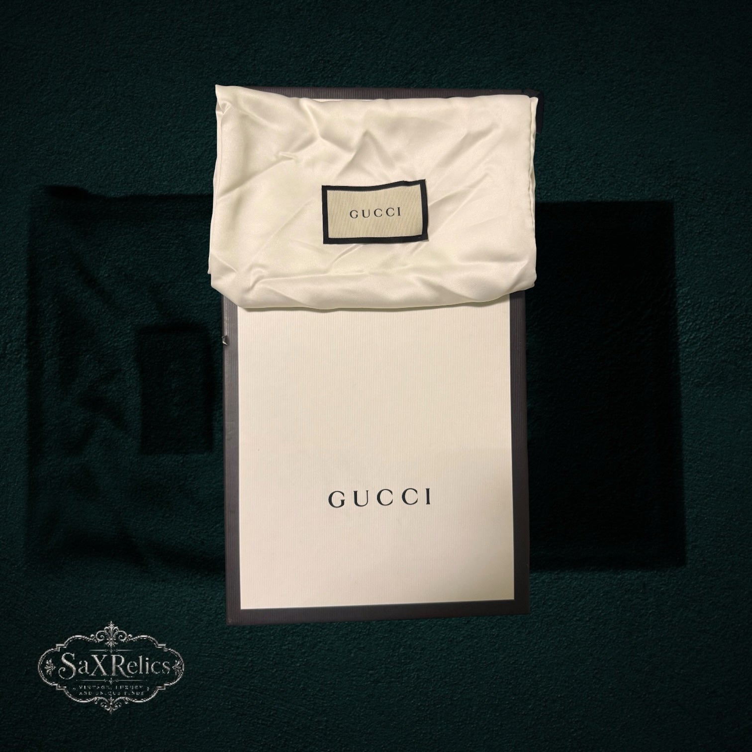 My Store Gucci branded white and black luxury slide sandal box with a protective silk dust bag