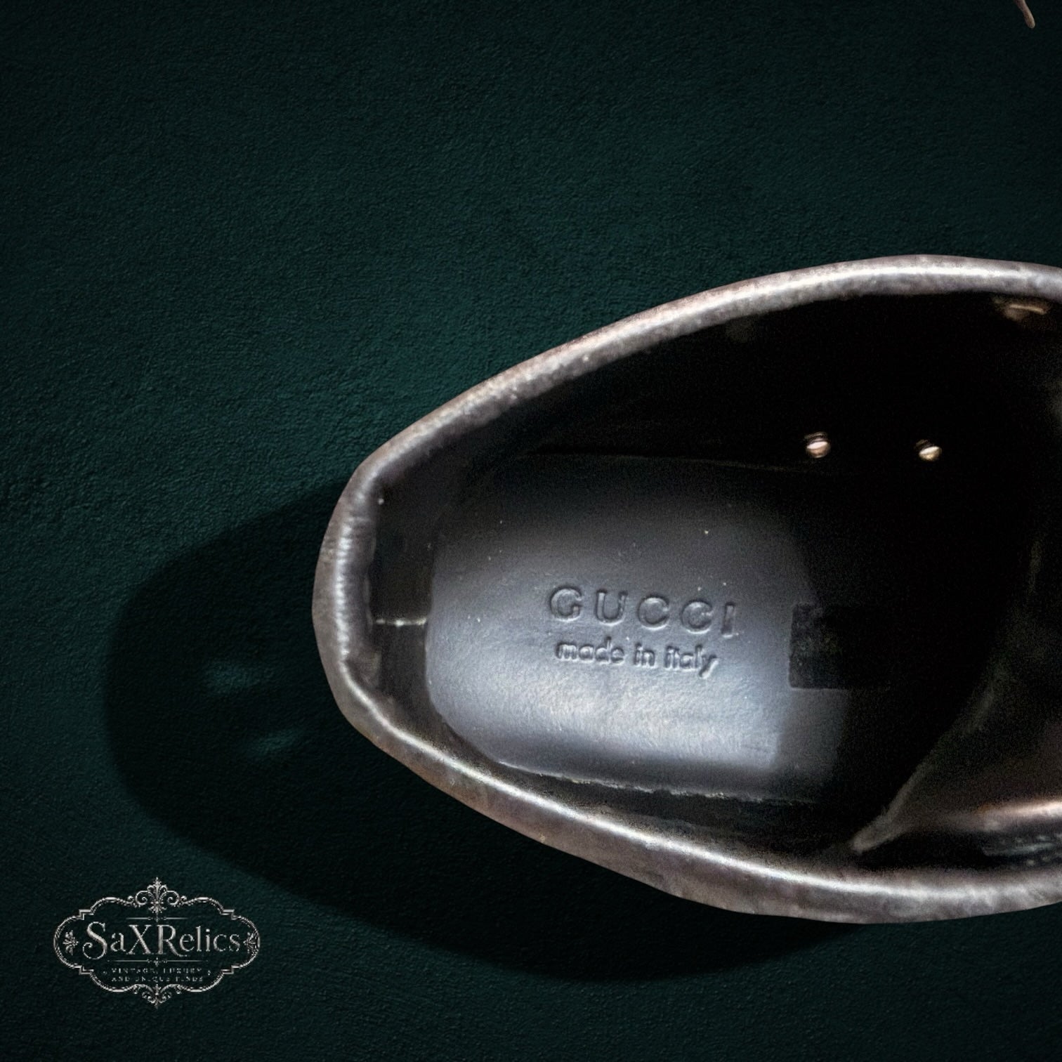 SaX Relics Gucci high-top sneaker insole showing embossed Gucci logo and Made in Italy stamp